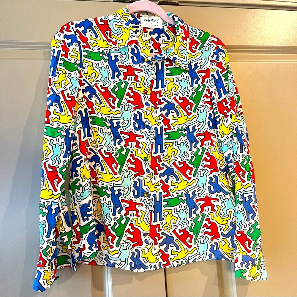 Keith Haring x Alice + Olivia silk printed button-up